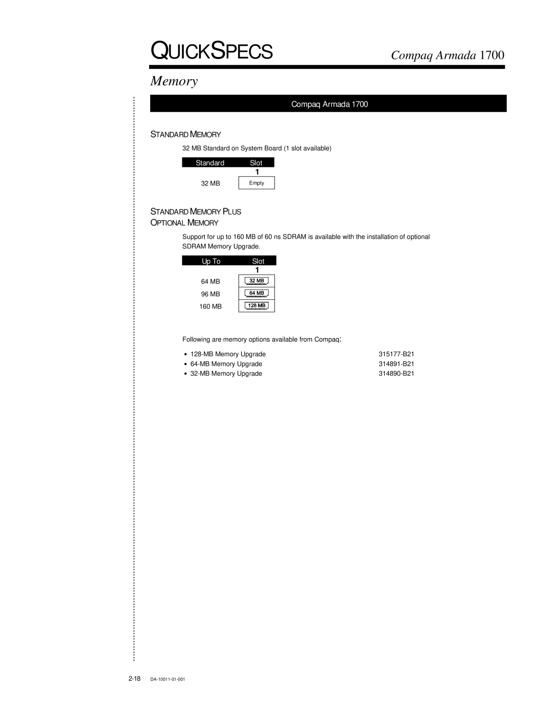 Compaq 1700 warranty Standard Memory Plus Optional Memory 