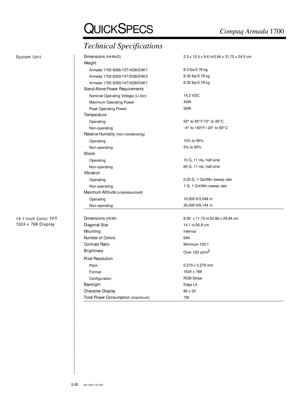 Compaq 1700 warranty Technical Specifications, System Unit Inch Color TFT 1024 x 768 Display 