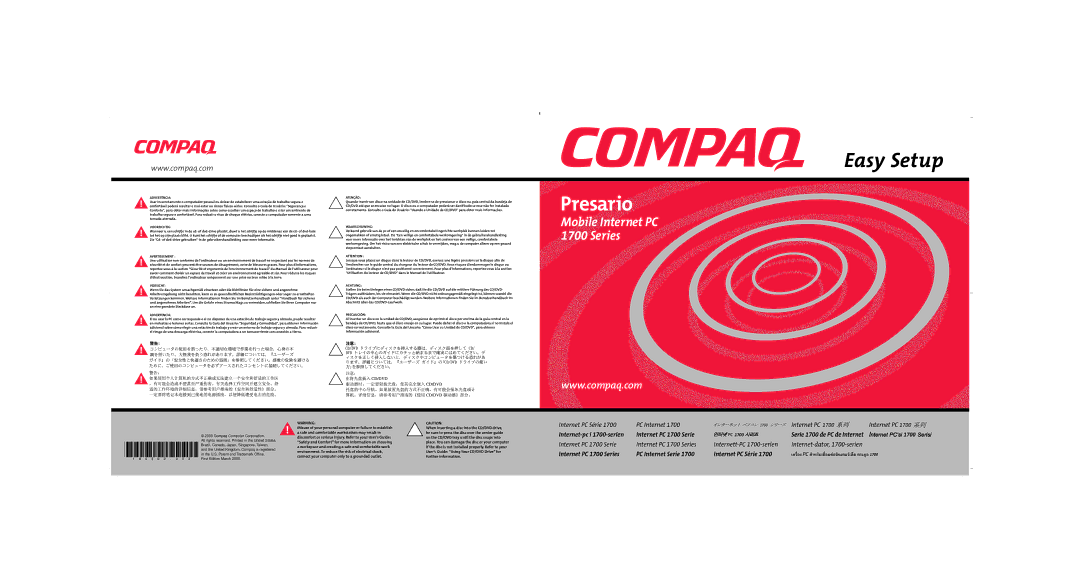 Compaq 1700 manual Advertência, Voorzichtig, Avertissement, Vorsicht, Advertencia, Atenção, Waarschuwing, Achtung 