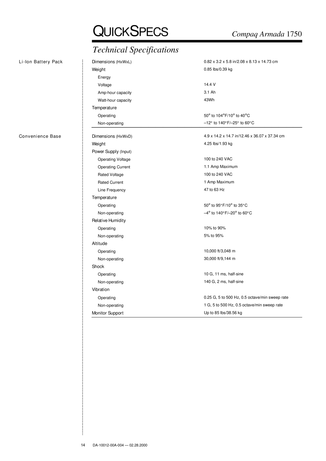 Compaq 1750 warranty Technical Specifications 