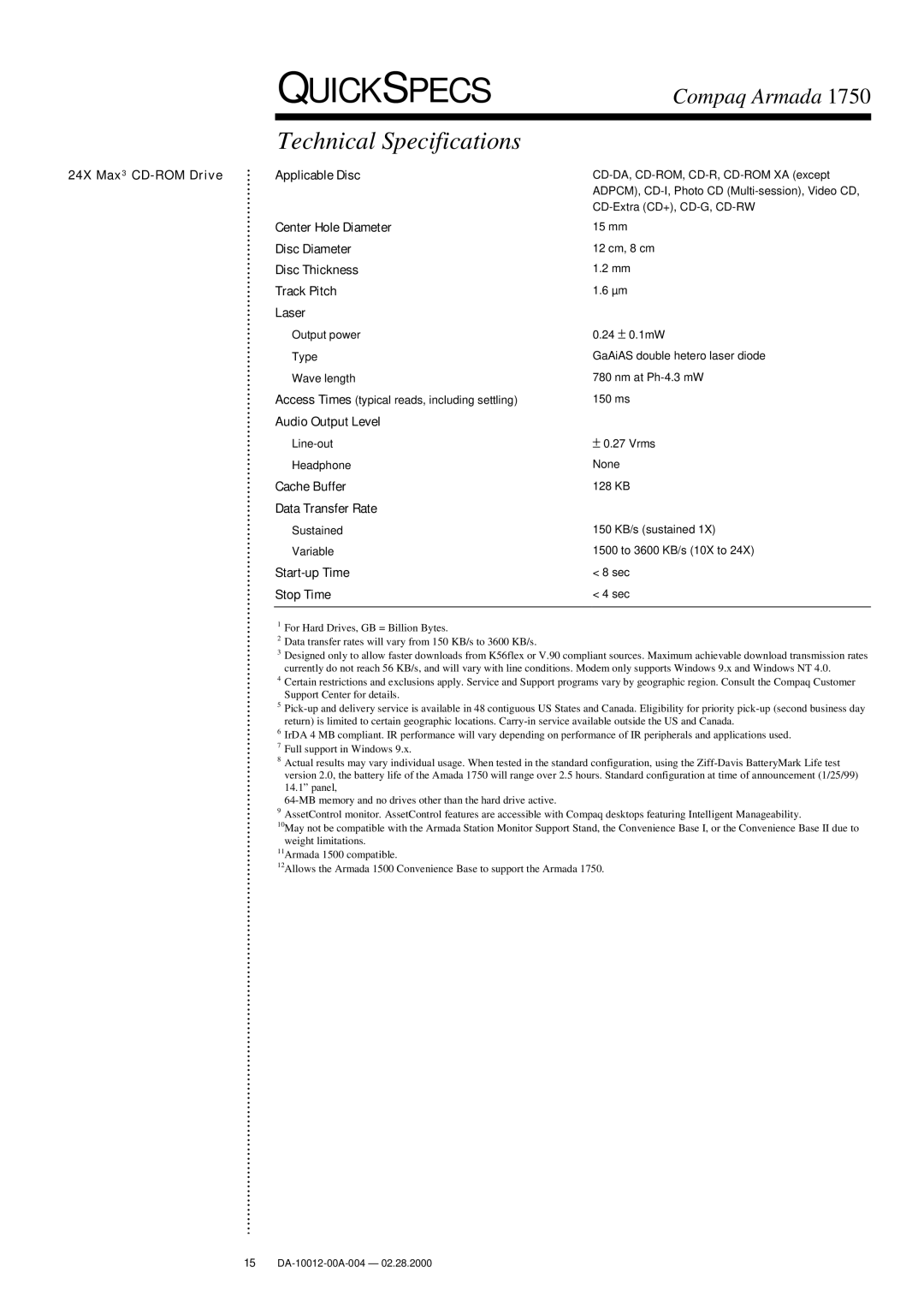 Compaq 1750 warranty Audio Output Level, Cache Buffer Data Transfer Rate, Start-up Time Stop Time 