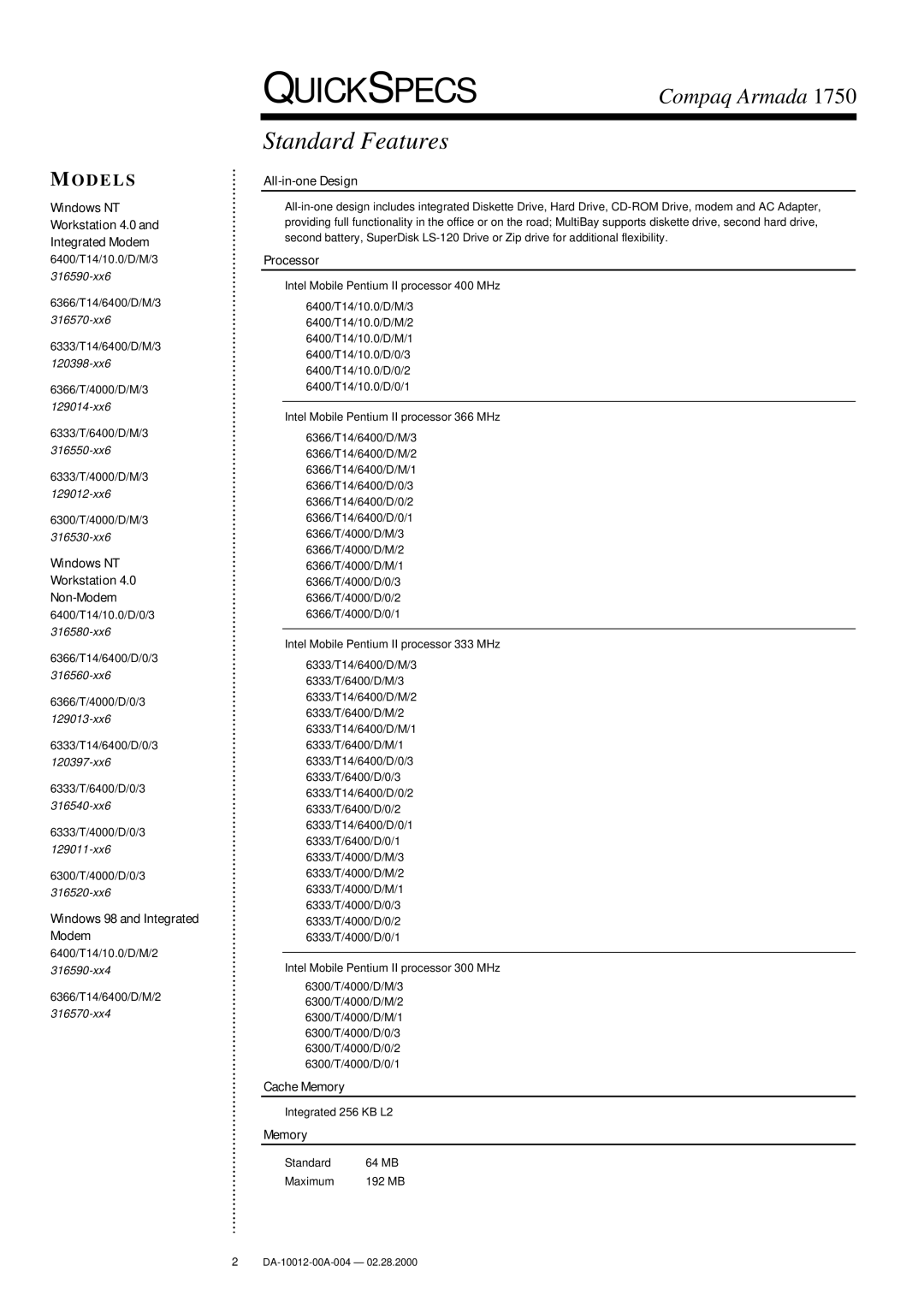 Compaq 1750 warranty Standard Features, Models 