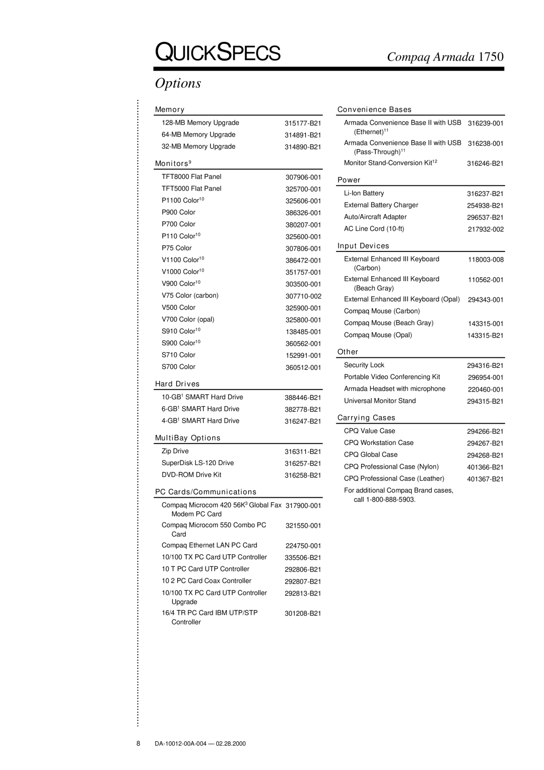 Compaq 1750 warranty Options 