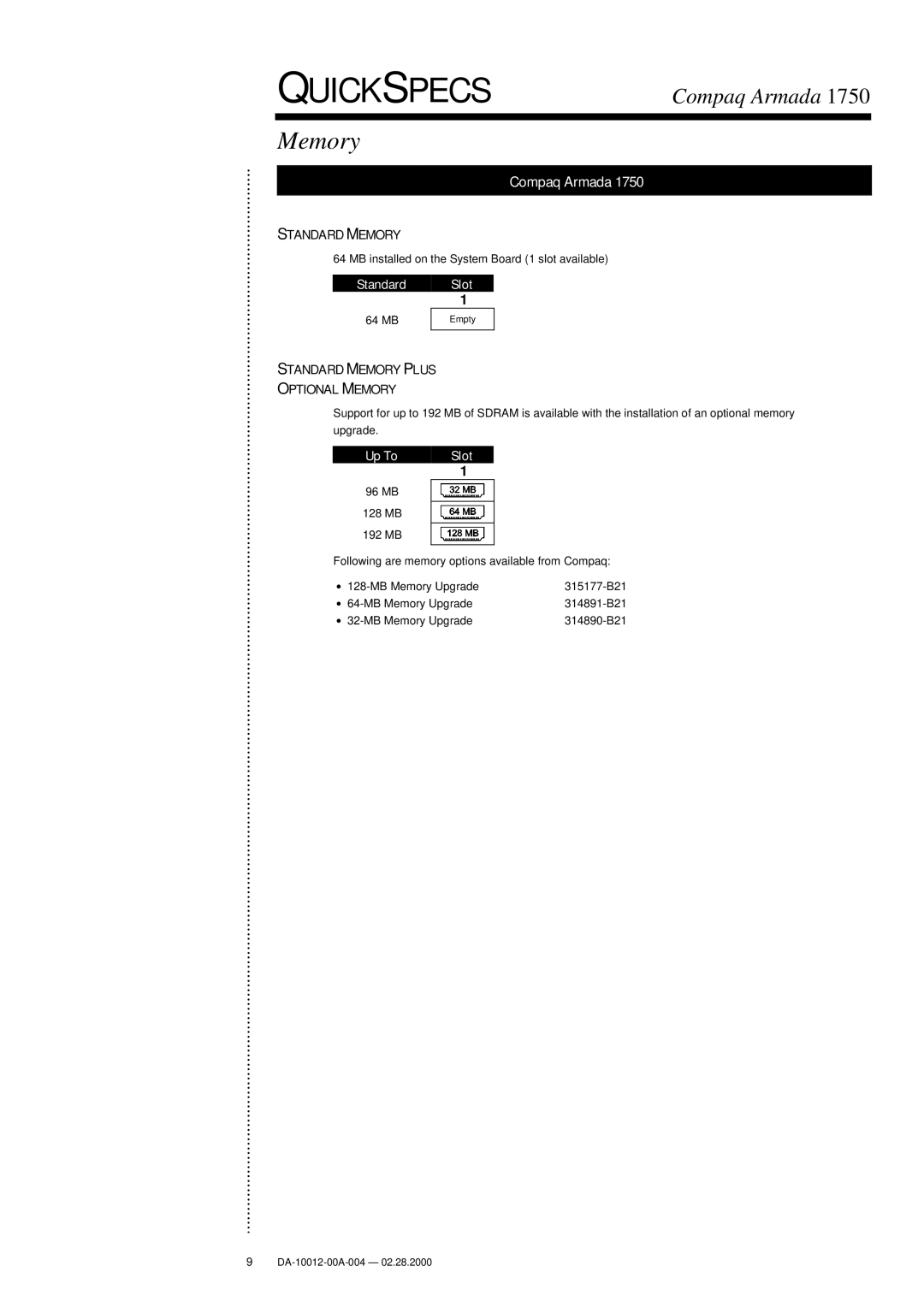 Compaq 1750 warranty Memory, Compaq Armada 