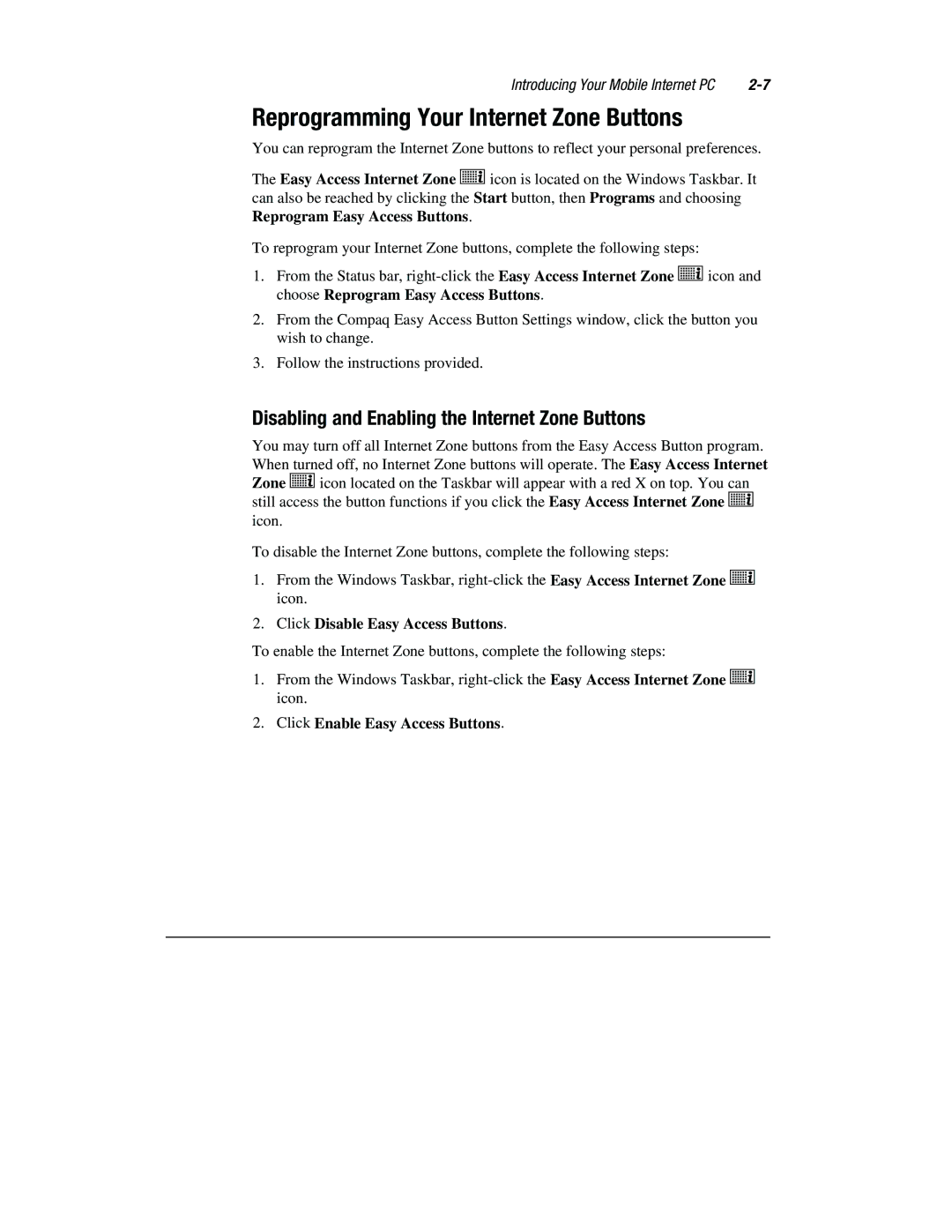 Compaq 1800 Series manual Reprogramming Your Internet Zone Buttons, Disabling and Enabling the Internet Zone Buttons 