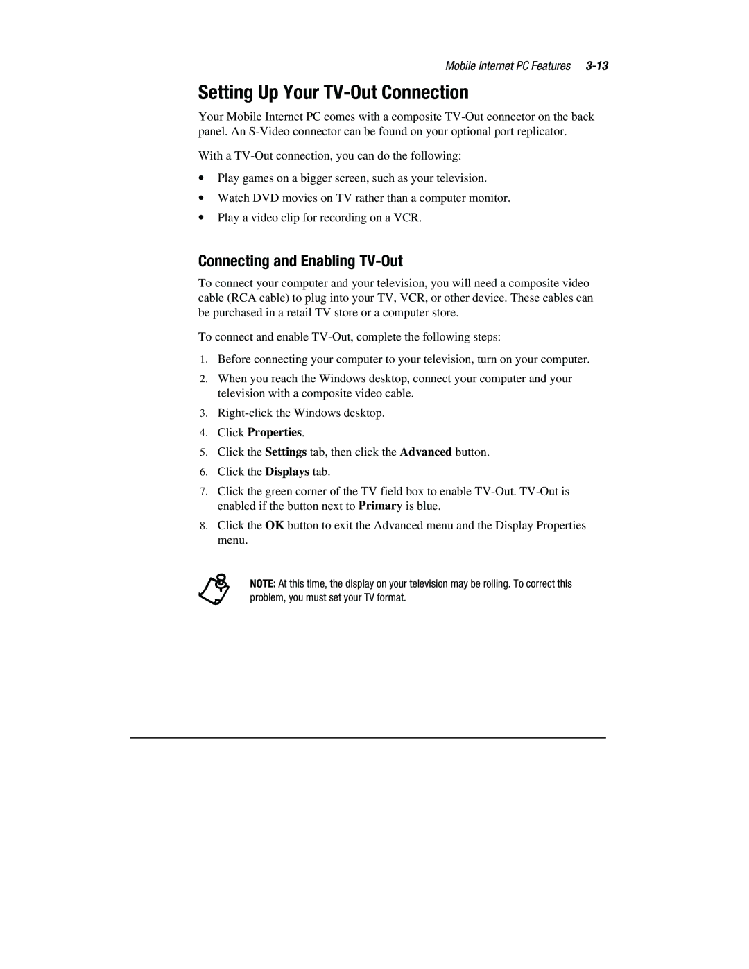 Compaq 1800 Series manual Setting Up Your TV-Out Connection, Connecting and Enabling TV-Out 