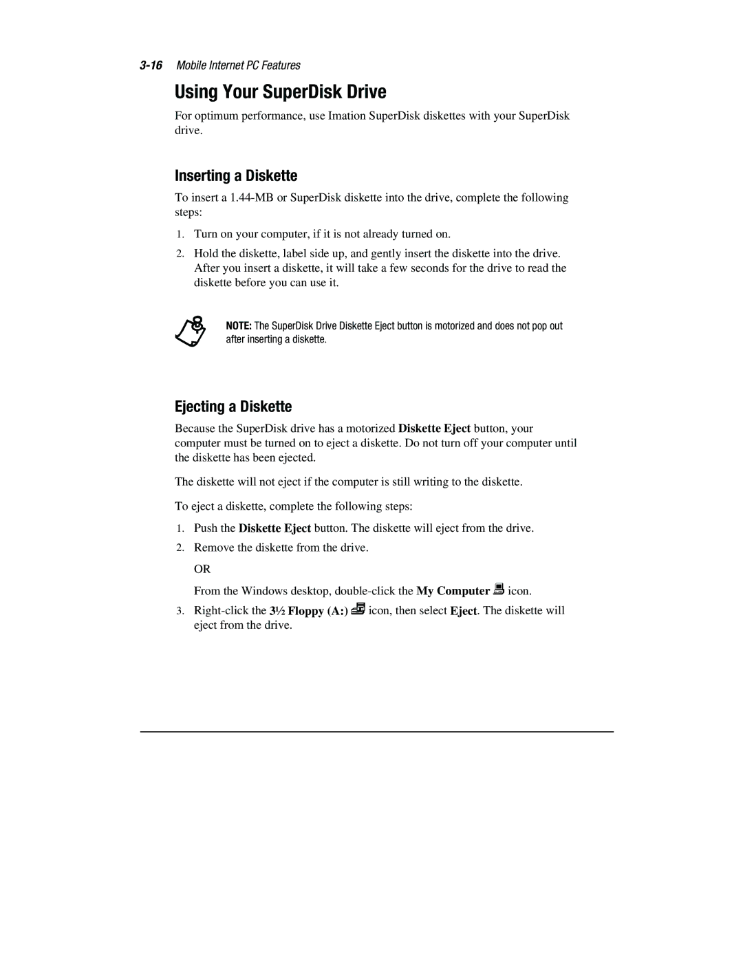 Compaq 1800 Series manual Using Your SuperDisk Drive, Inserting a Diskette, Ejecting a Diskette 