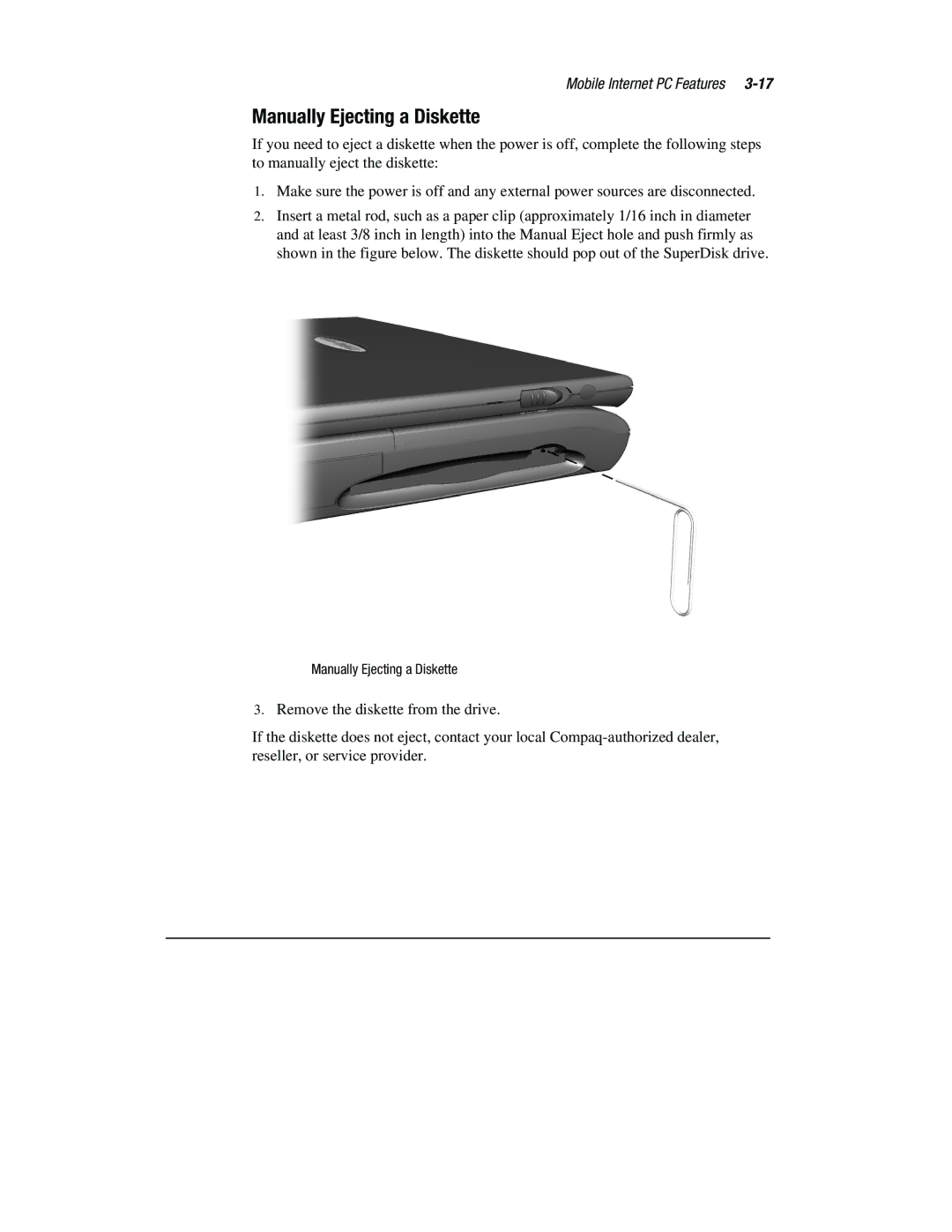 Compaq 1800 Series manual Manually Ejecting a Diskette 