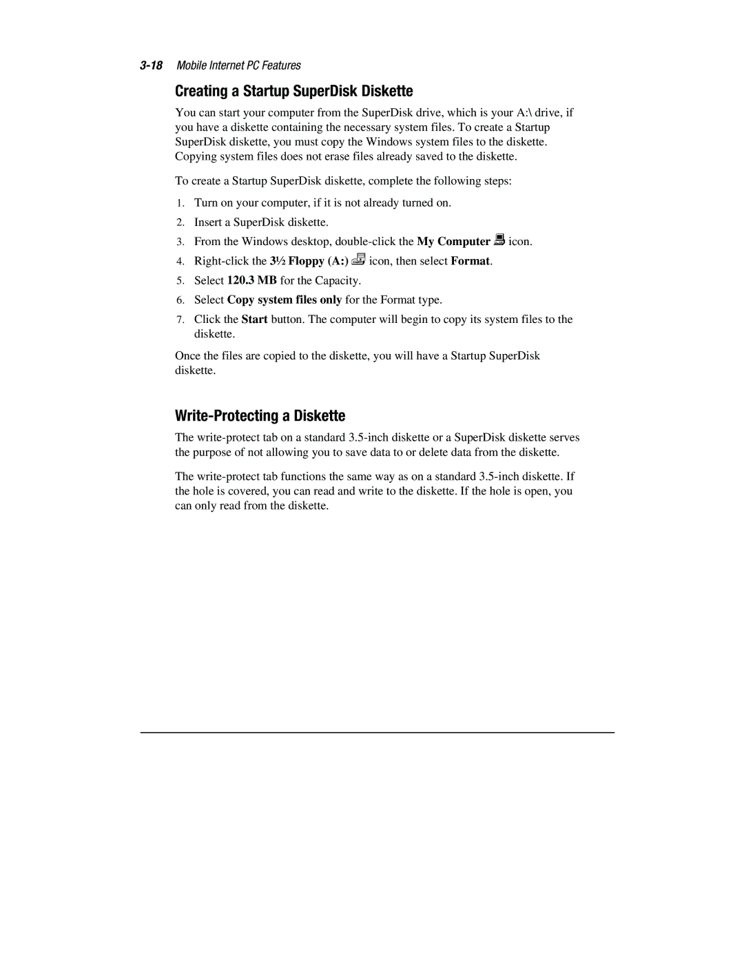 Compaq 1800 Series manual Creating a Startup SuperDisk Diskette, Write-Protecting a Diskette 