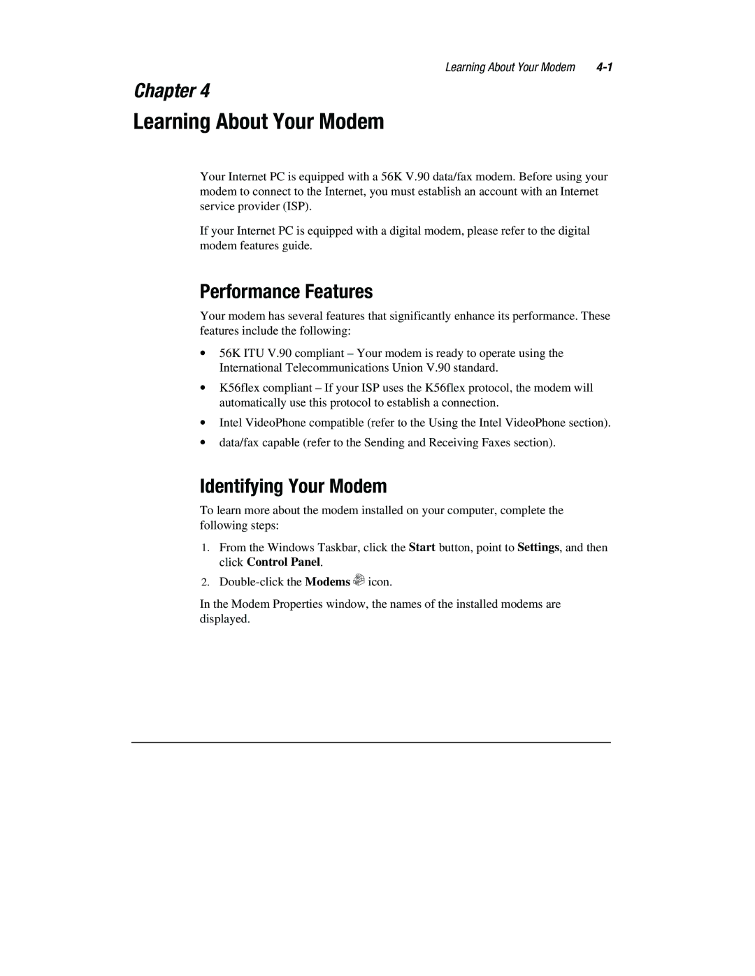 Compaq 1800 Series manual Learning About Your Modem, Performance Features, Identifying Your Modem 