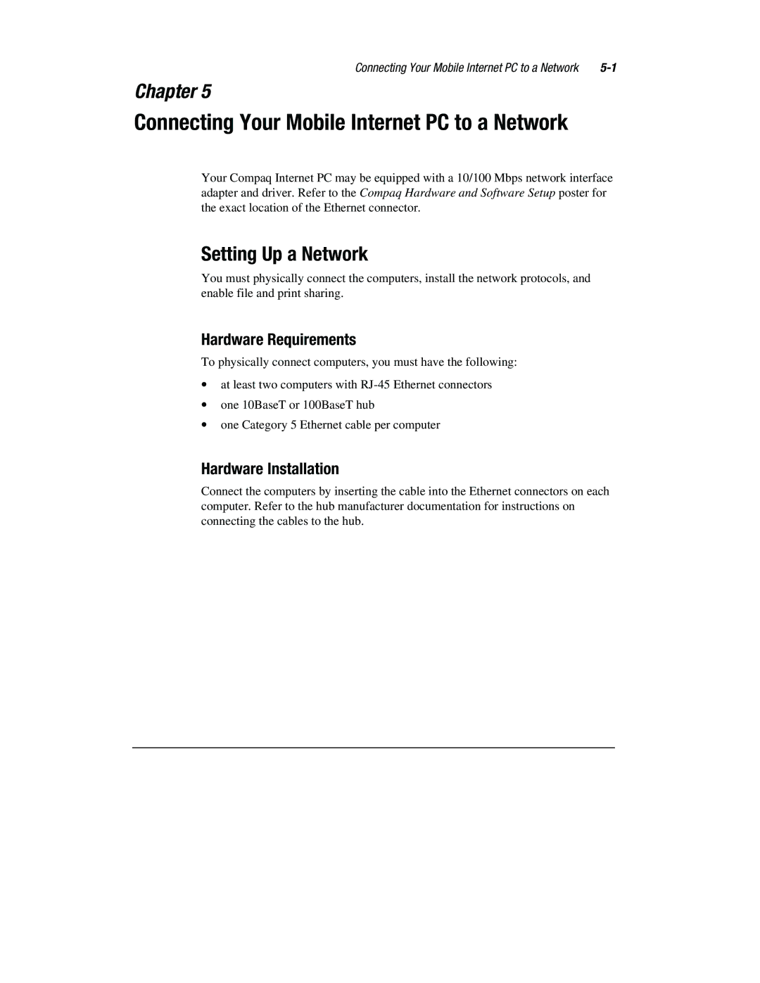 Compaq 1800 Series manual Connecting Your Mobile Internet PC to a Network, Setting Up a Network, Hardware Requirements 