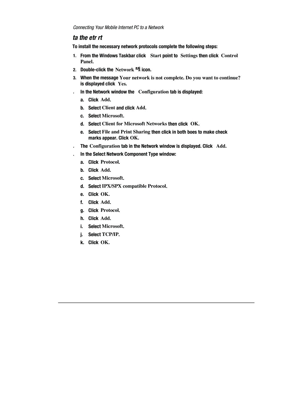 Compaq 1800 Series manual Installing the Network Protocols, Select Microsoft 