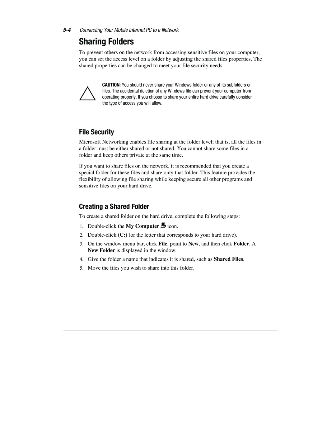 Compaq 1800 Series manual Sharing Folders, File Security, Creating a Shared Folder 