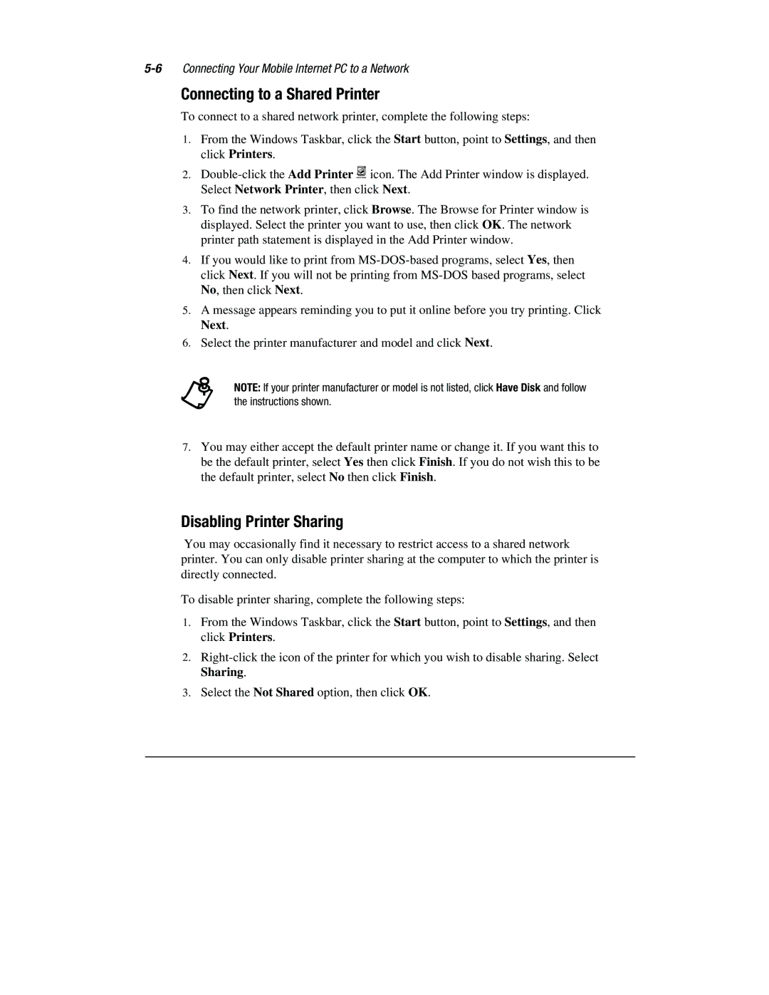 Compaq 1800 Series manual Connecting to a Shared Printer, Disabling Printer Sharing 