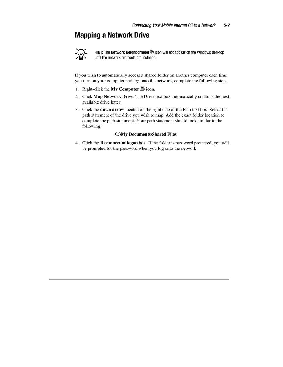 Compaq 1800 Series manual Mapping a Network Drive, My Documents\Shared Files 