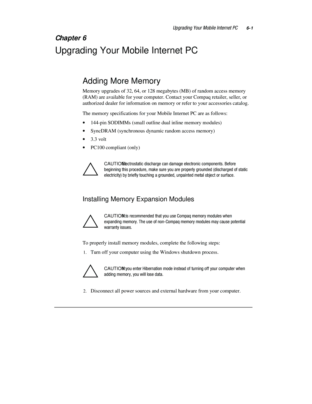 Compaq 1800 Series manual Upgrading Your Mobile Internet PC, Adding More Memory, Installing Memory Expansion Modules 