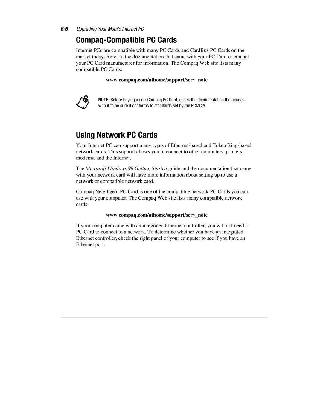 Compaq 1800 Series manual Compaq-Compatible PC Cards, Using Network PC Cards 