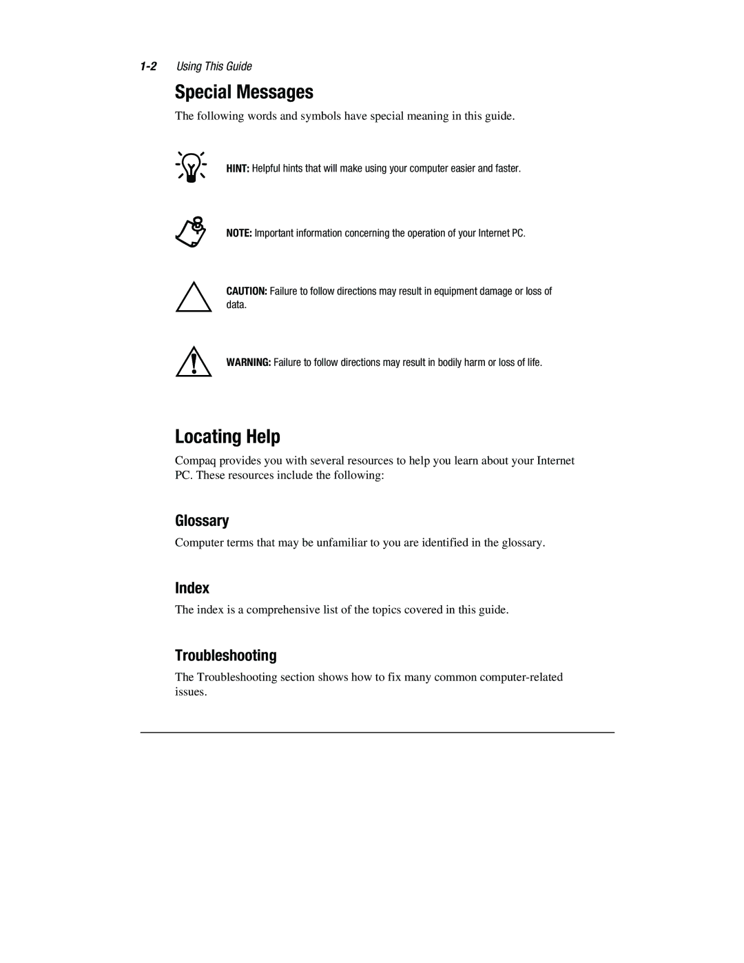 Compaq 1800 Series manual Special Messages, Locating Help, Glossary, Index, Troubleshooting 