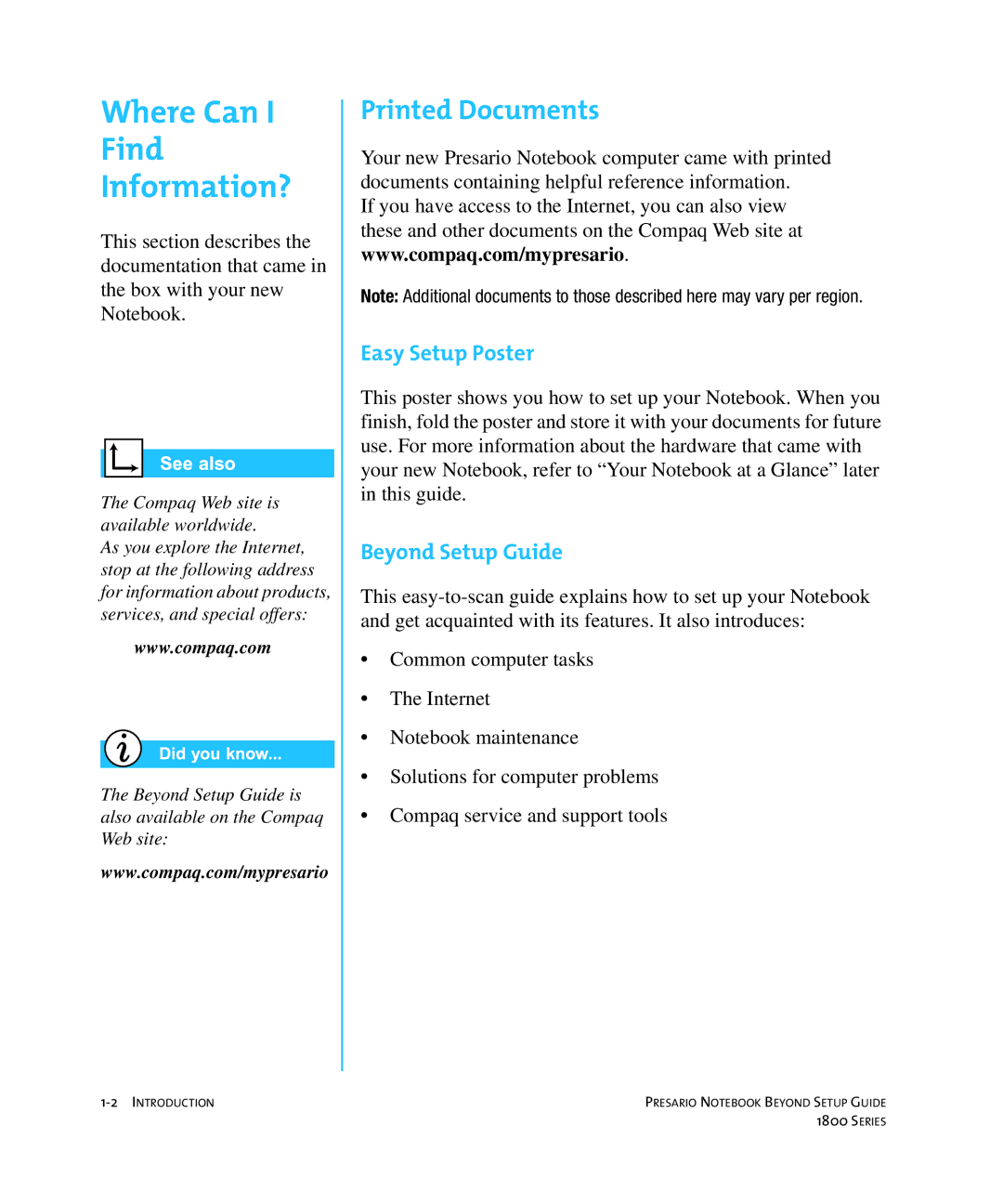 Compaq 1800 manual Printed Documents, Easy Setup Poster, Beyond Setup Guide 