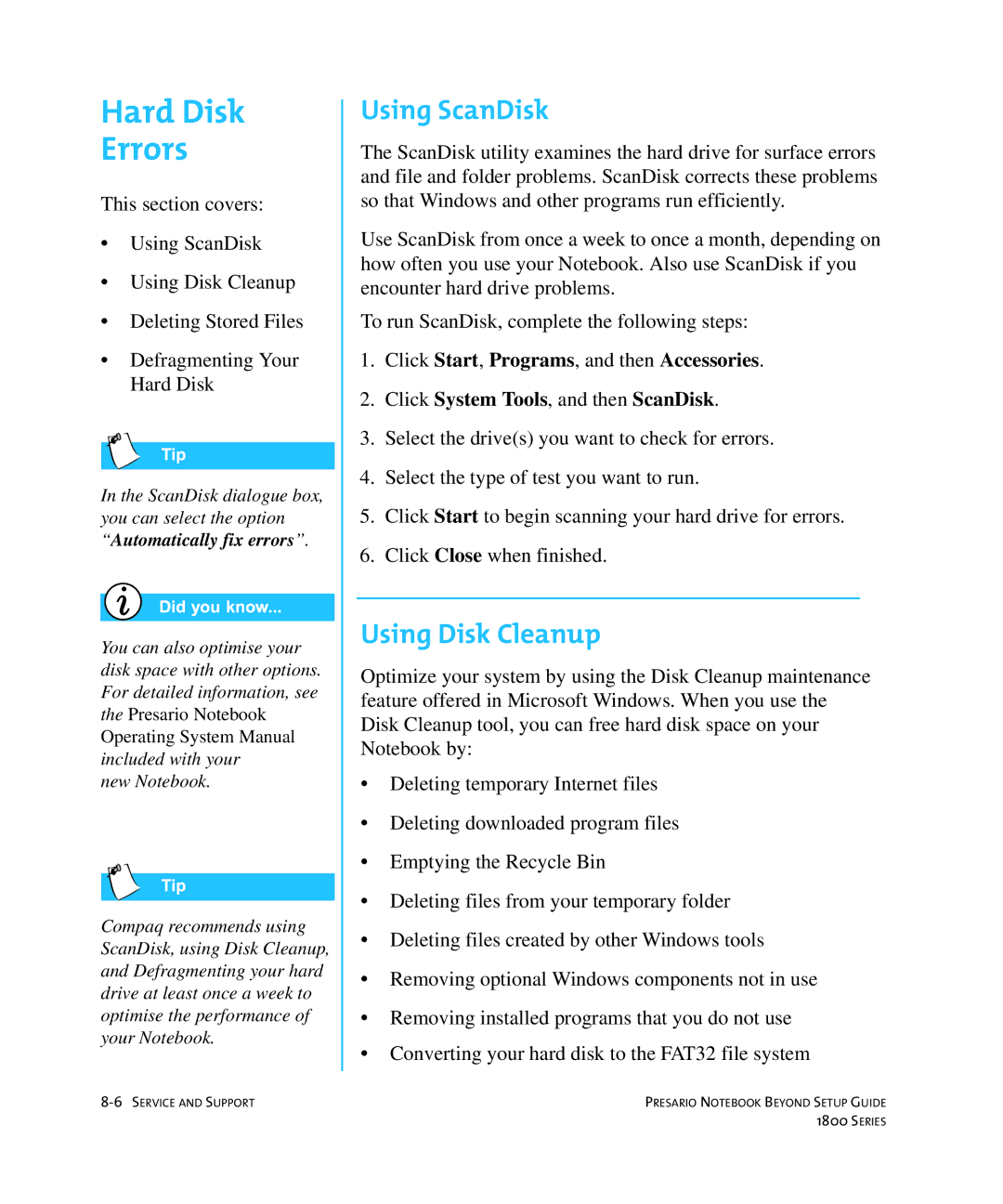 Compaq 1800 manual Hard Disk Errors, Using ScanDisk, Using Disk Cleanup 