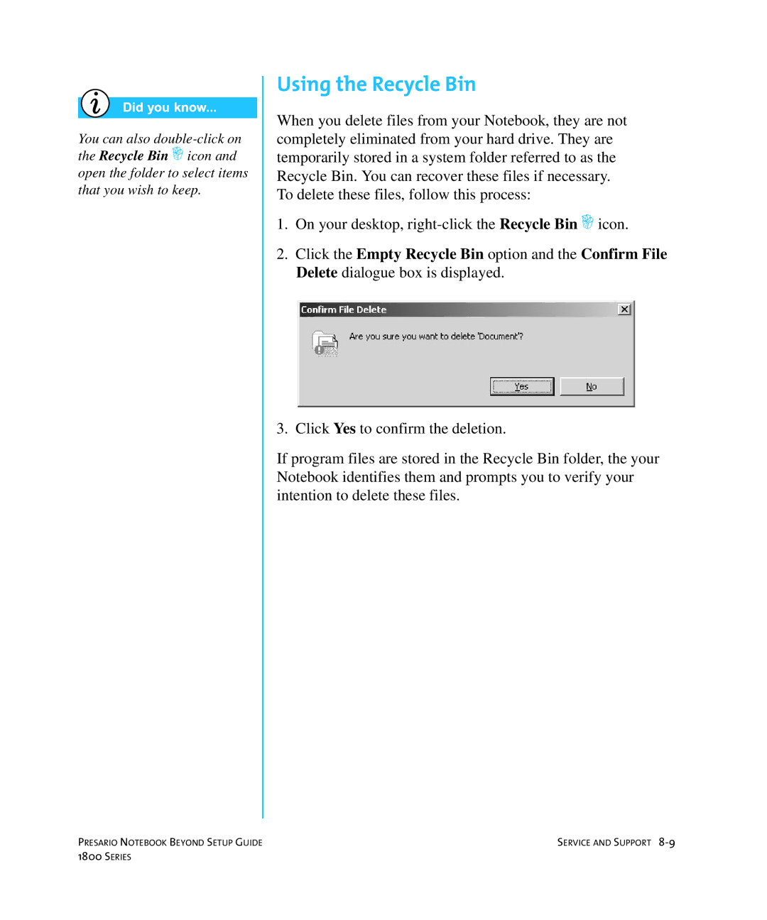 Compaq 1800 manual Using the Recycle Bin 