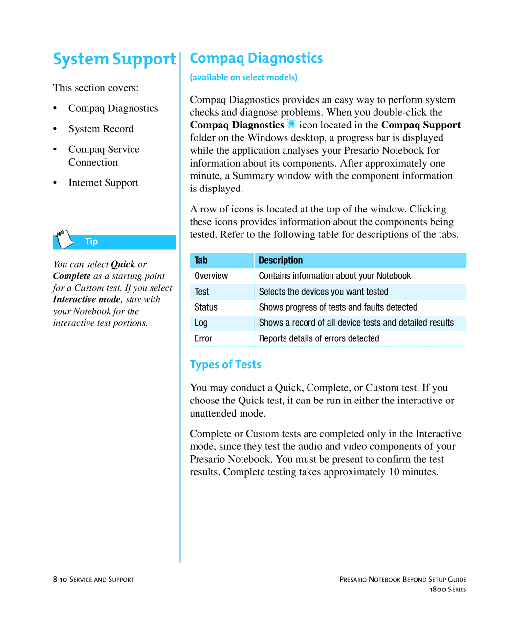 Compaq 1800 manual System Support, Compaq Diagnostics, Types of Tests, Tab Description 