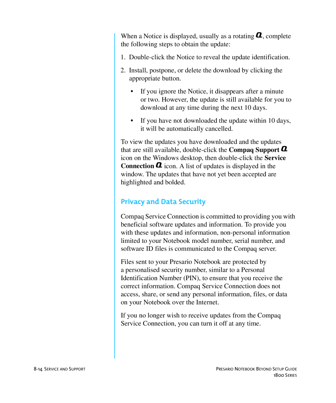 Compaq 1800 manual Privacy and Data Security 