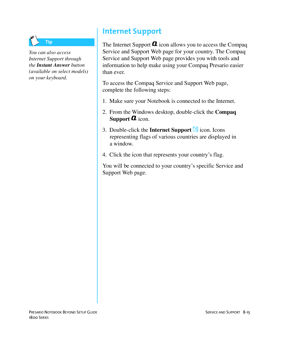 Compaq 1800 manual Internet Support 