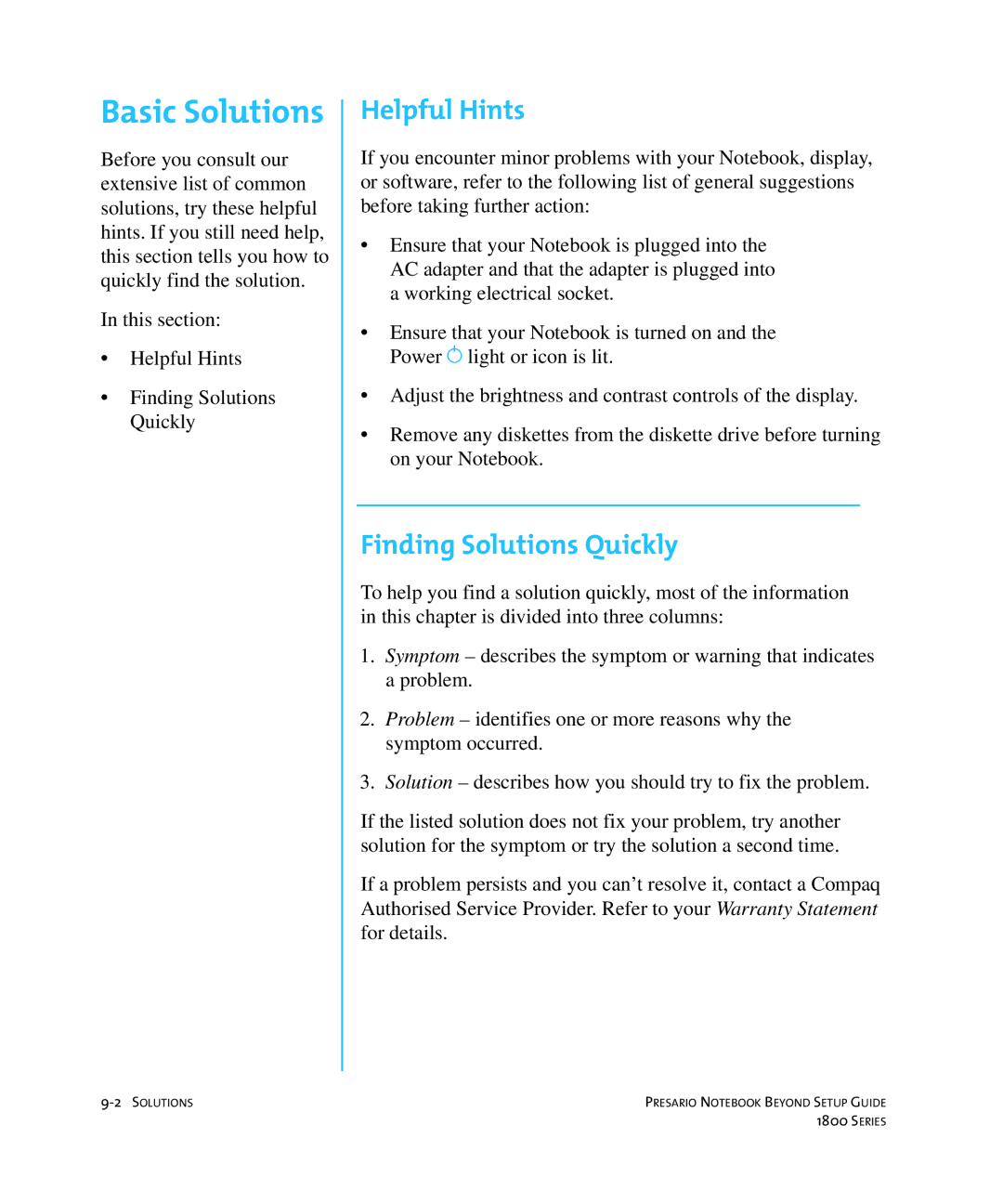 Compaq 1800 manual Basic Solutions, Helpful Hints, Finding Solutions Quickly 