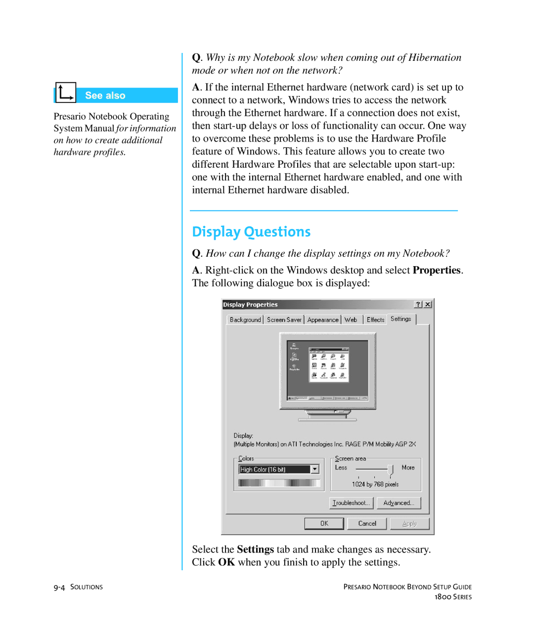 Compaq 1800 manual Display Questions, How can I change the display settings on my Notebook? 