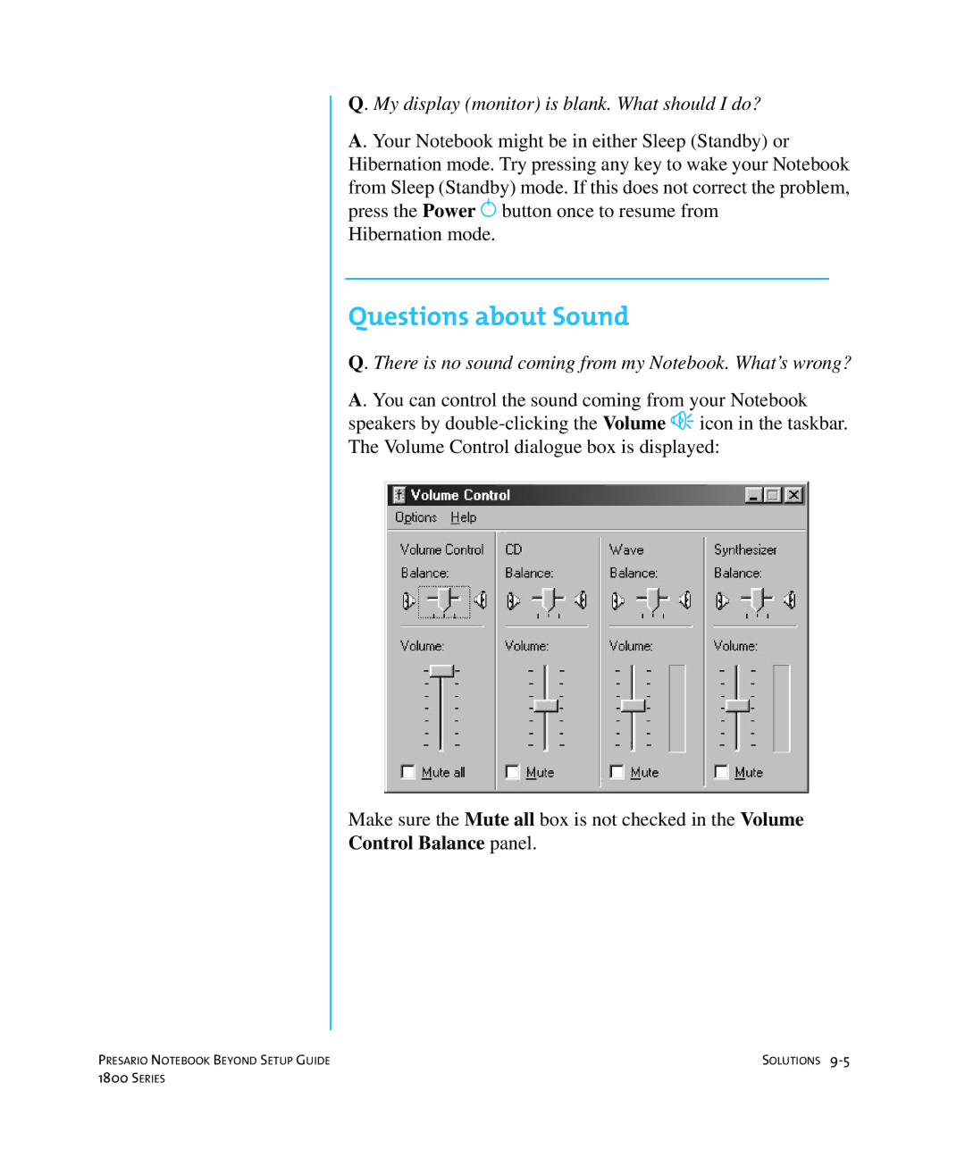 Compaq 1800 manual Questions about Sound, My display monitor is blank. What should I do? 