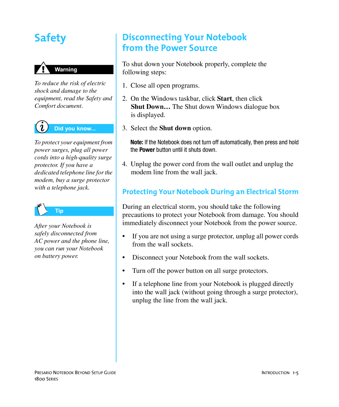 Compaq 1800 manual Safety, Protecting Your Notebook During an Electrical Storm 
