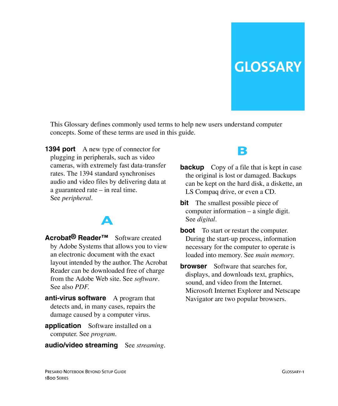 Compaq 1800 manual Glossary, See peripheral 