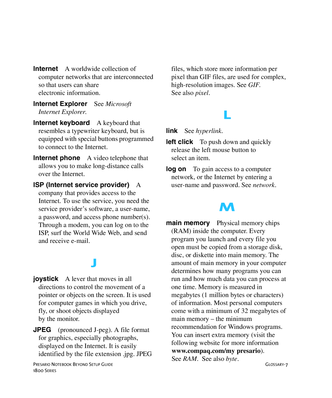 Compaq 1800 manual See Microsoft, Internet Explorer, Link See hyperlink 