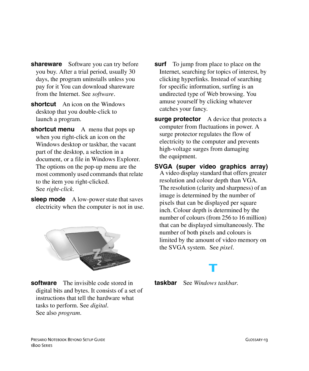 Compaq 1800 manual See right-click, Taskbar See Windows taskbar 