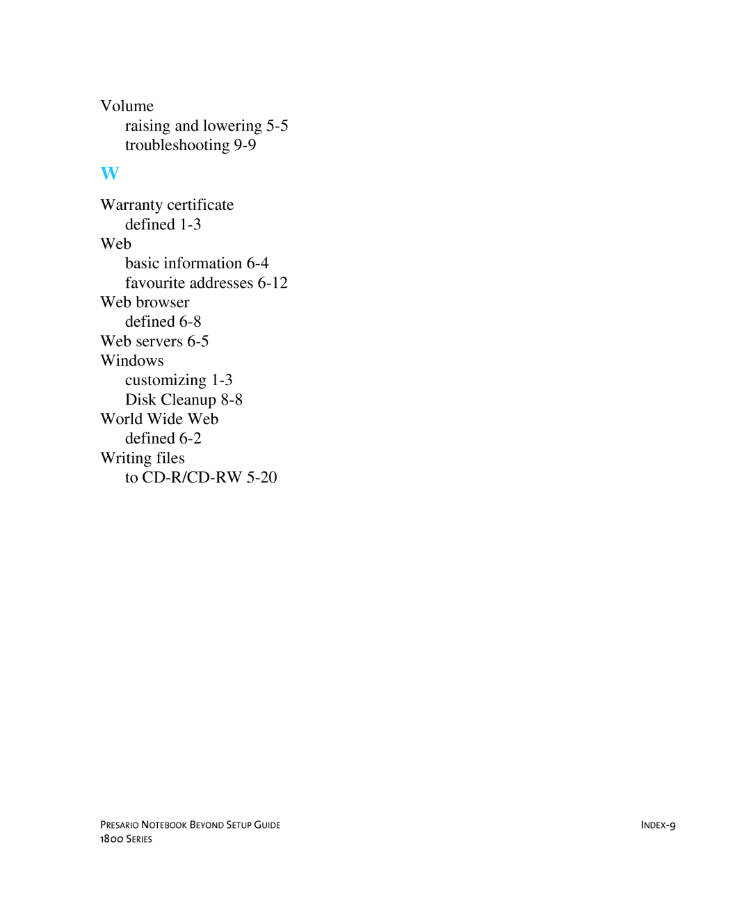 Compaq 1800 manual Presario Notebook Beyond Setup Guide INDEX-9 