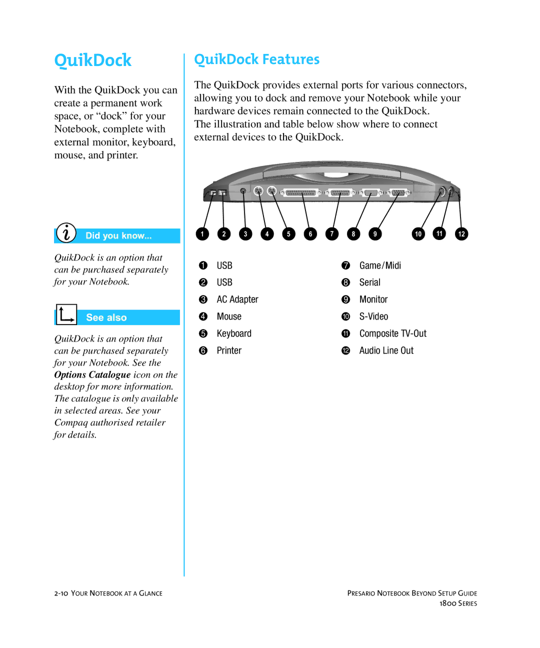 Compaq 1800 manual QuikDock Features 