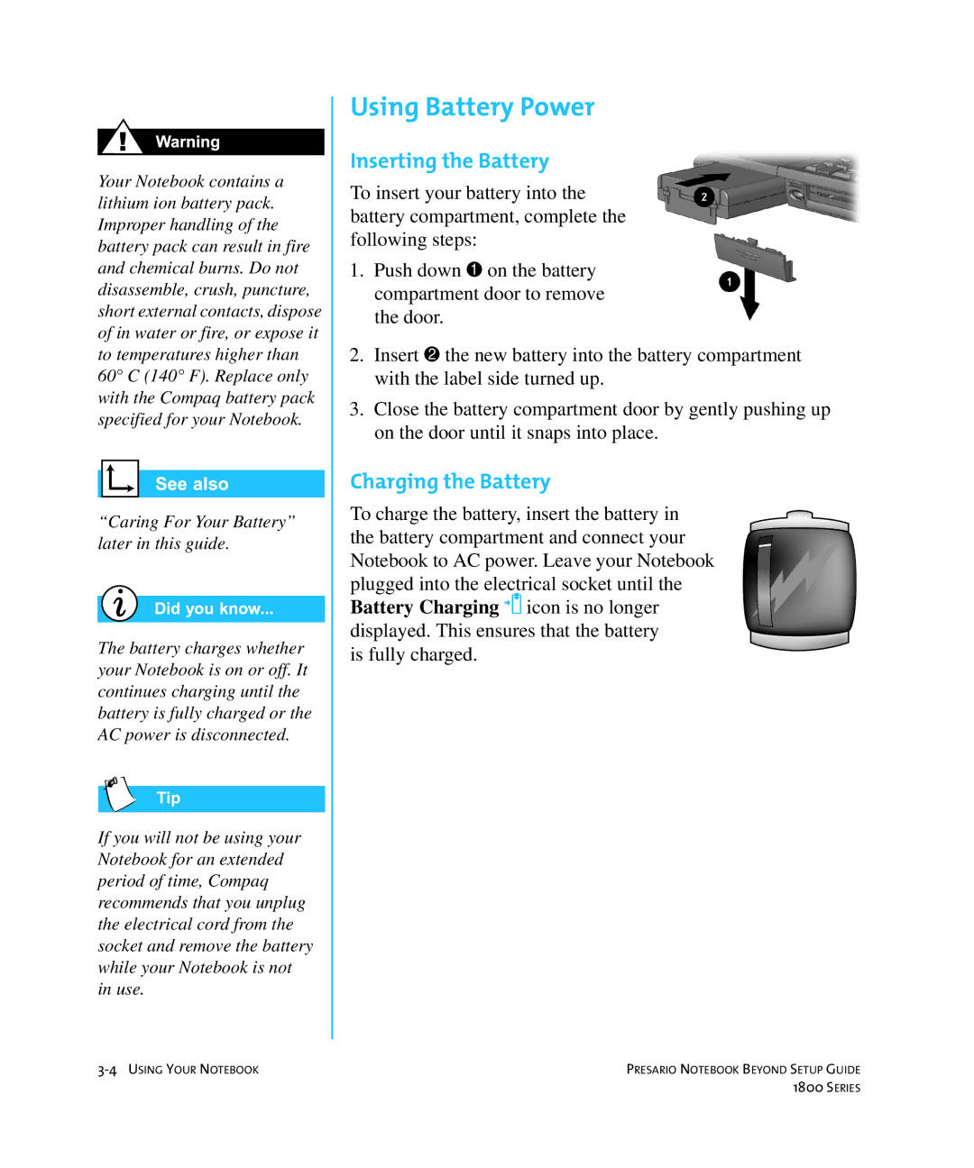 Compaq 1800 manual Using Battery Power, Inserting the Battery, Charging the Battery 