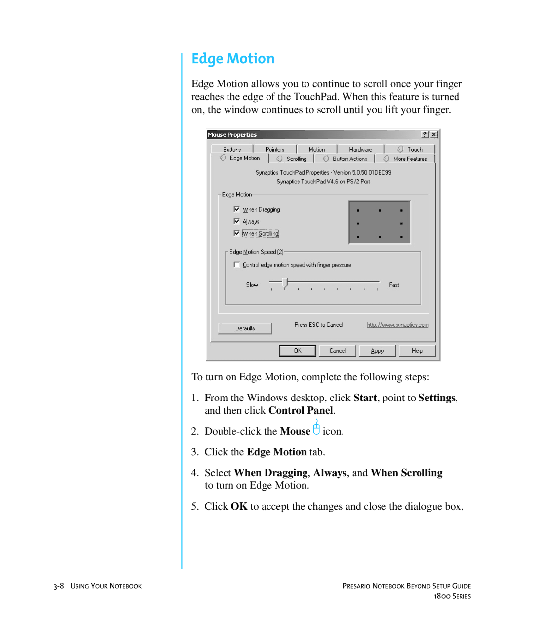 Compaq 1800 manual Edge Motion 