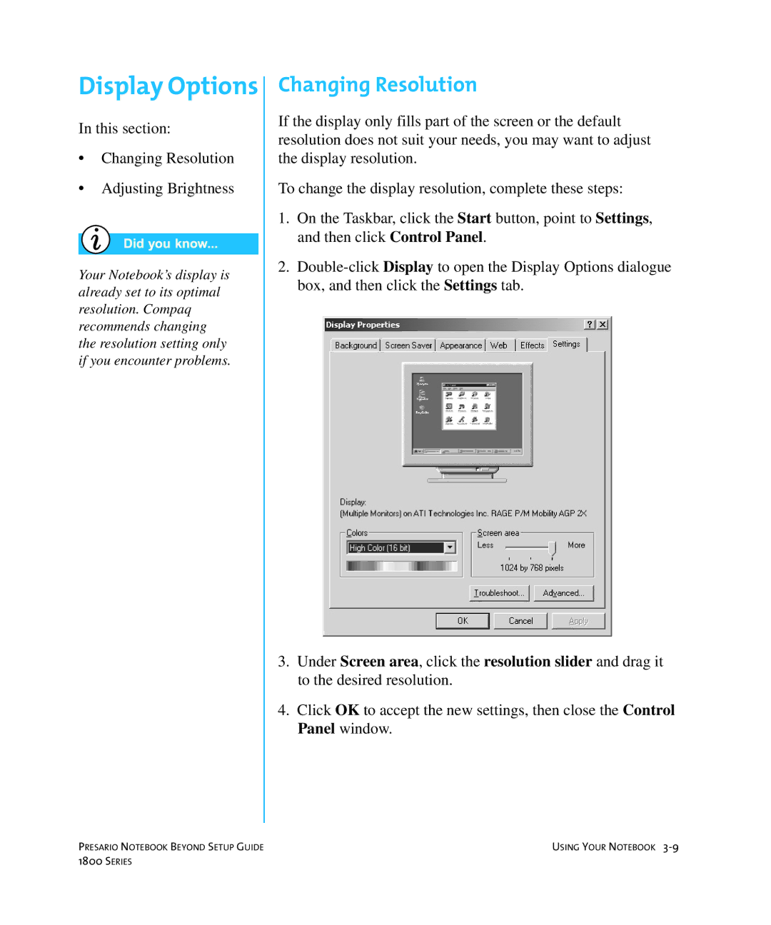 Compaq 1800 manual Display Options, Changing Resolution 