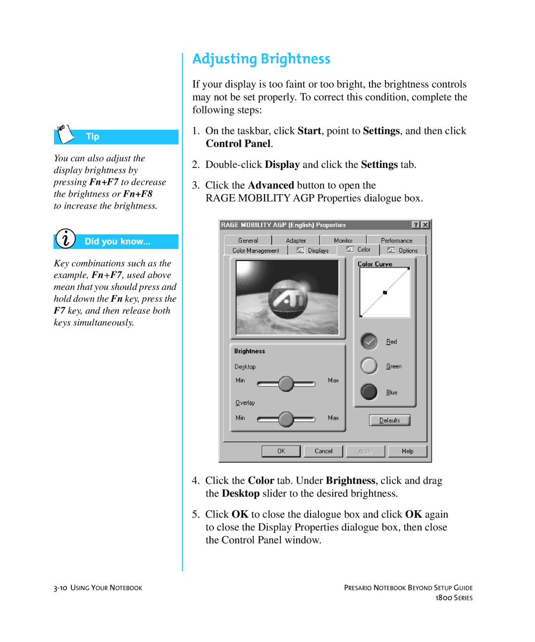 Compaq 1800 manual Adjusting Brightness 