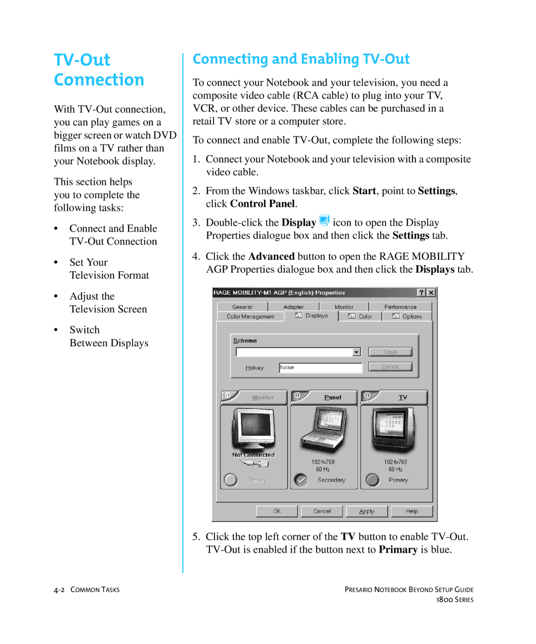 Compaq 1800 manual TV-Out Connection, Connecting and Enabling TV-Out 