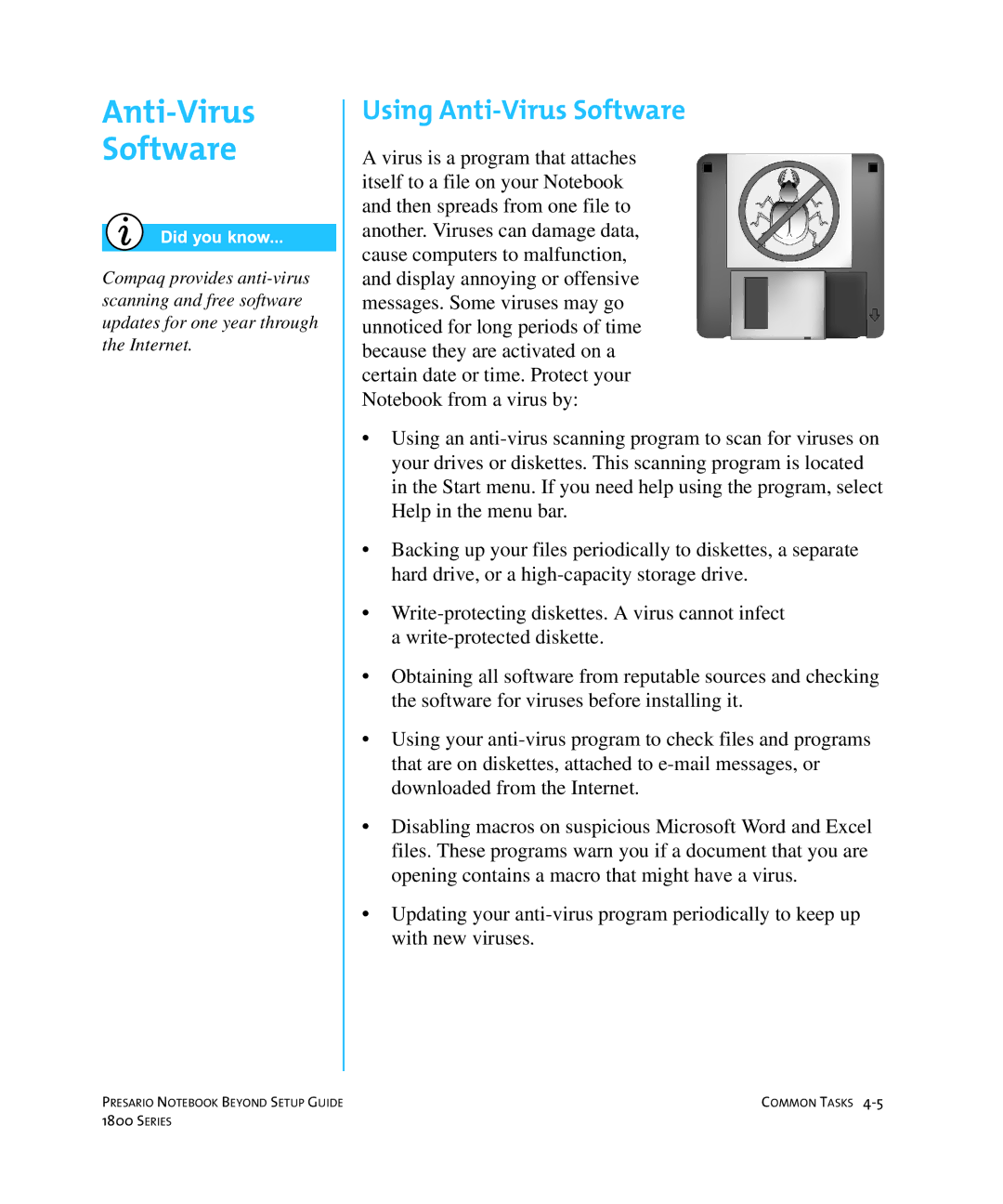 Compaq 1800 manual Using Anti-Virus Software 