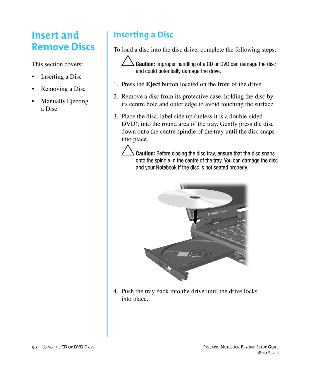 Compaq 1800 manual Insert and Remove Discs, Inserting a Disc 