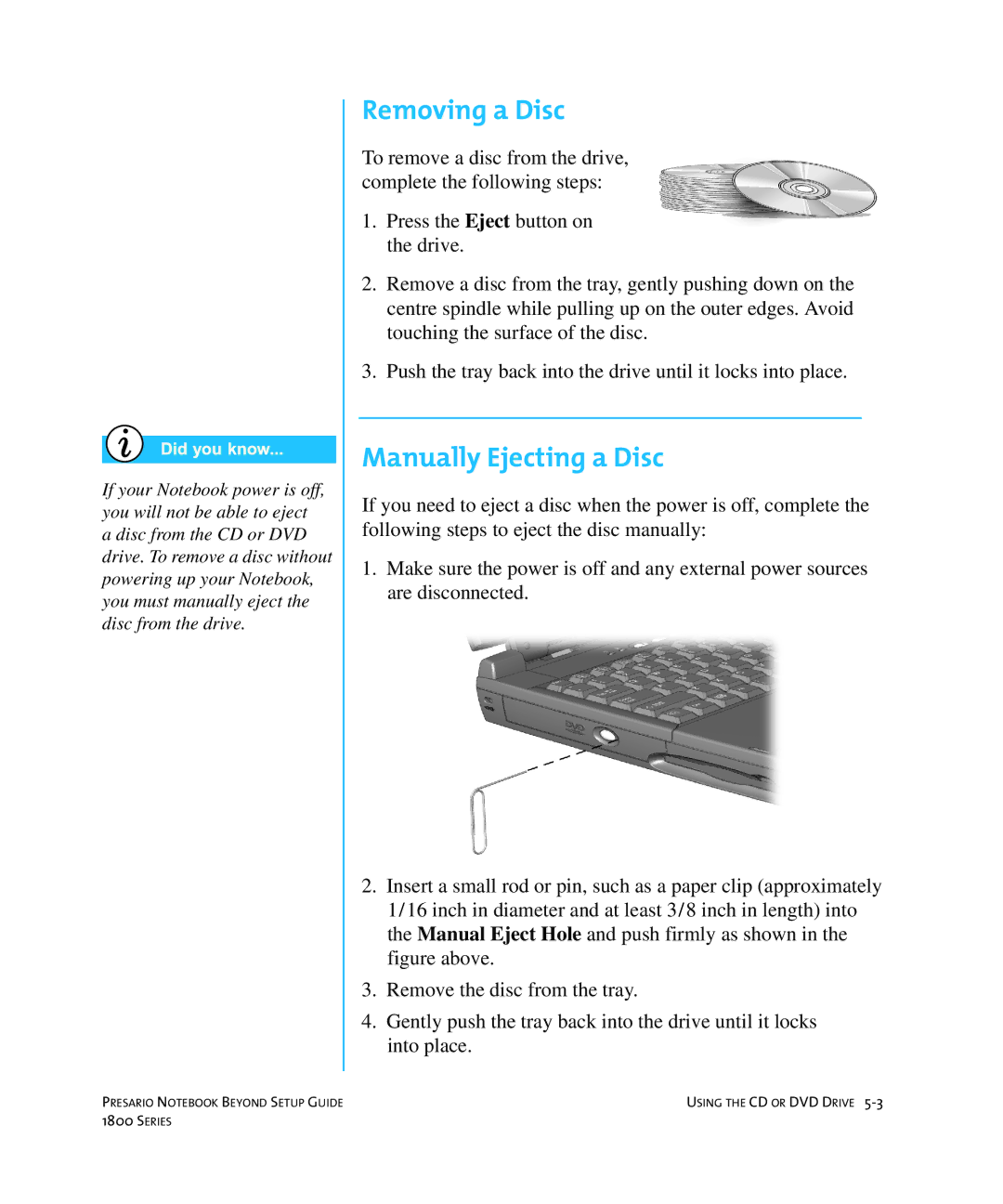 Compaq 1800 manual Removing a Disc, Manually Ejecting a Disc 