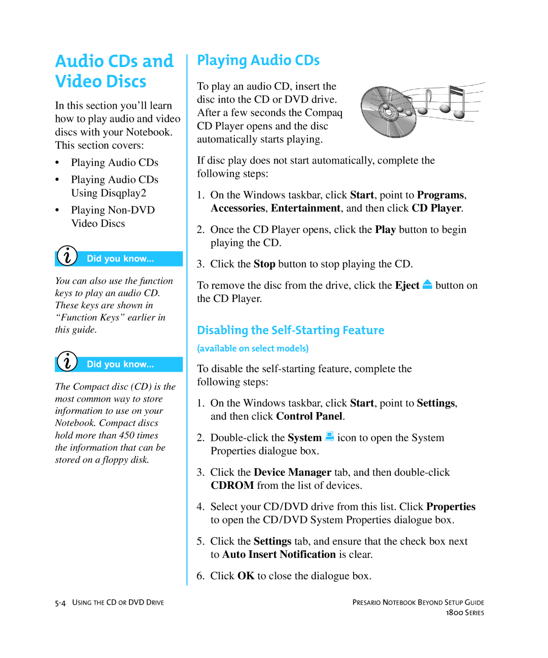 Compaq 1800 manual Playing Audio CDs, Disabling the Self-Starting Feature 