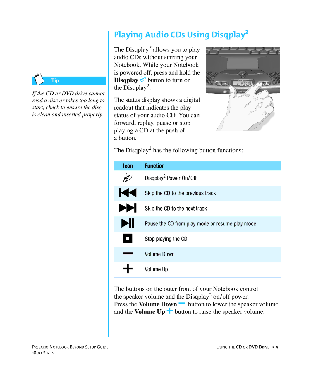 Compaq 1800 manual Playing Audio CDs Using Disqplay2, Icon Function 