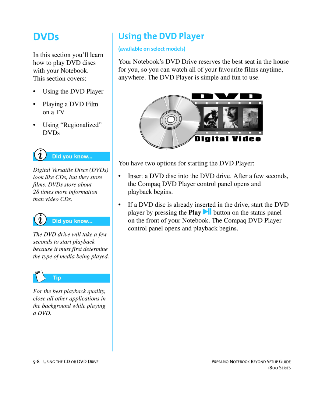 Compaq 1800 manual DVDs, Using the DVD Player 