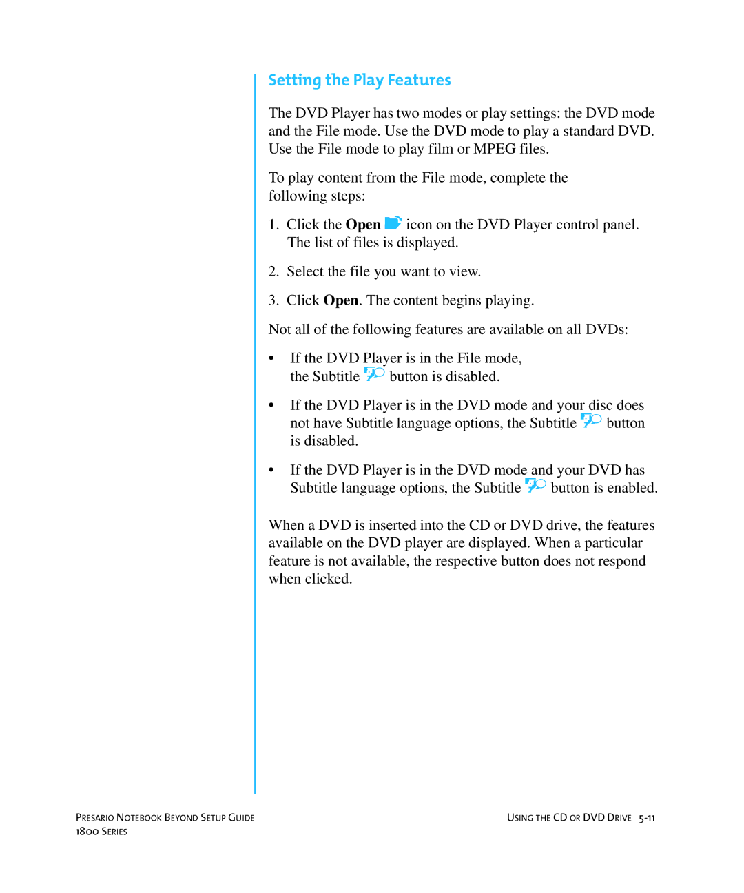 Compaq 1800 manual Setting the Play Features 