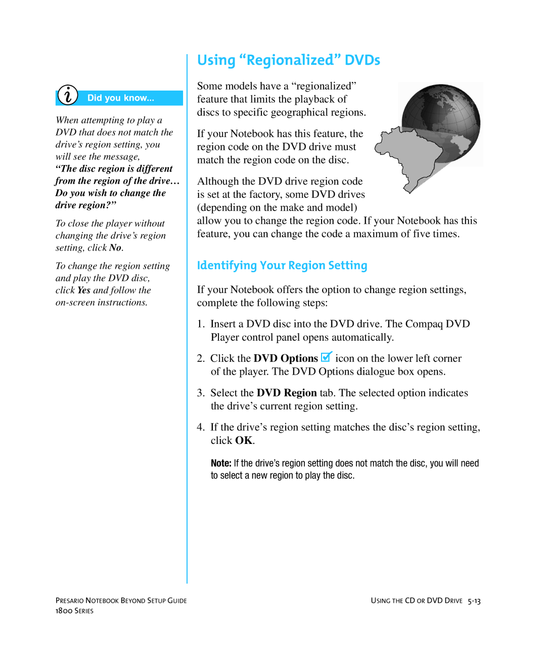 Compaq 1800 manual Using Regionalized DVDs, Identifying Your Region Setting 